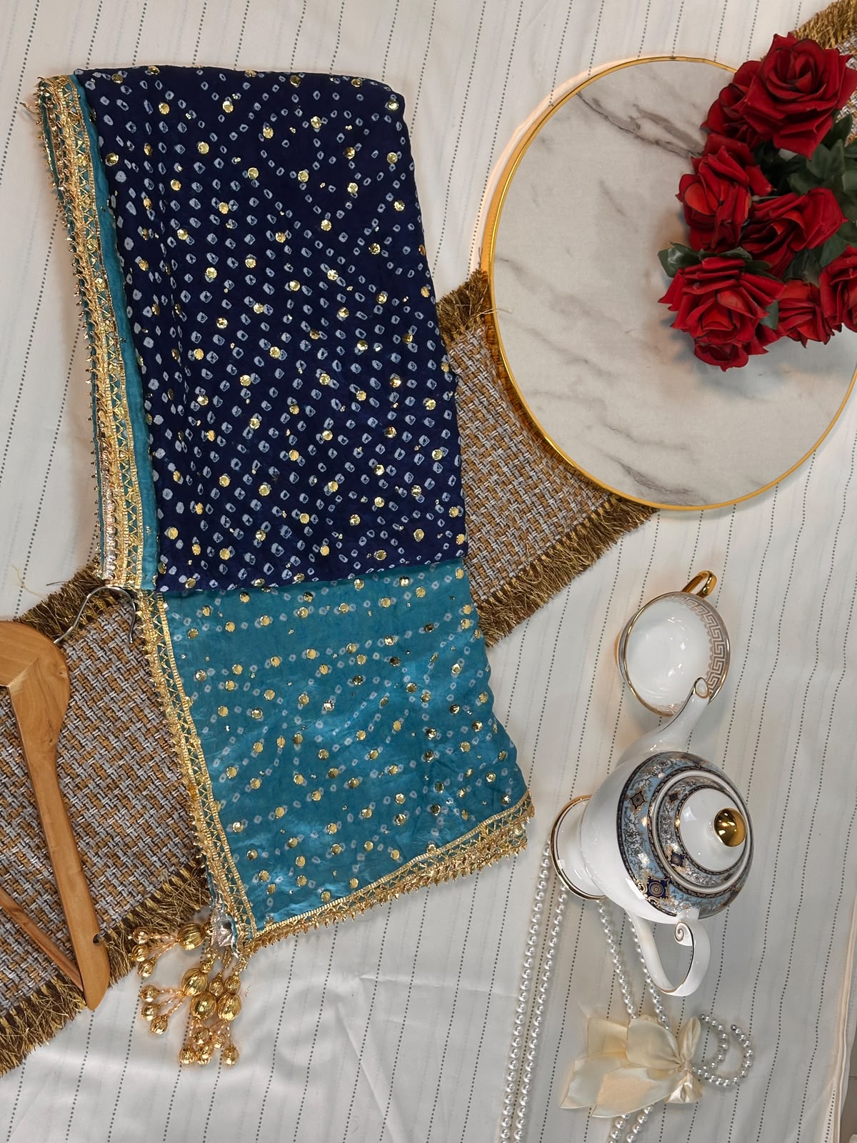 The Royal Double Tone Dupatta | Premium Silk Fabric | Hand-Embroided with luxury Mukesh work and Gotta design